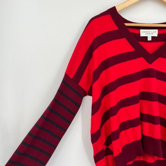 Derek Lam Striped V-neck Sweater in Red, Size XS, Hi-Low Cotton Cashmere - Picture 6 of 11